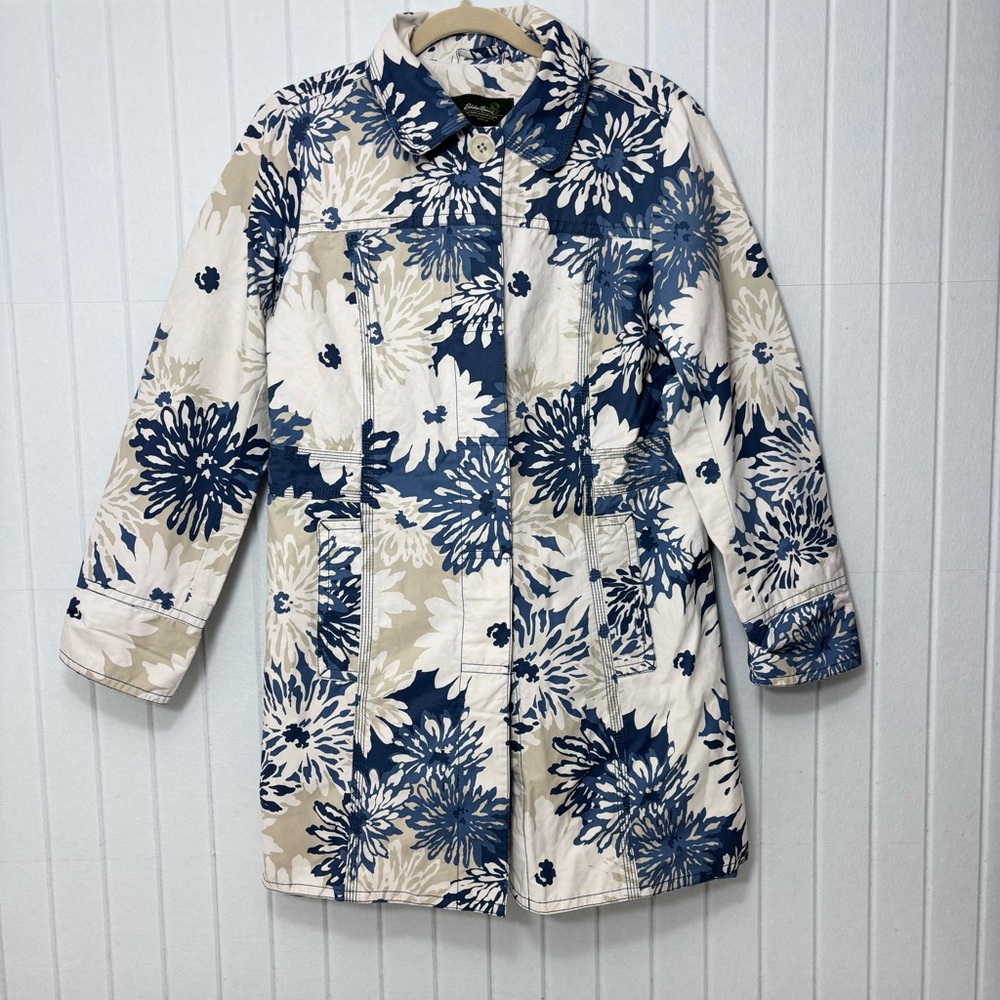 Eddie Bauer Rain Coat Floral Spring Jacket Retro Style Flowers Blue White Size S